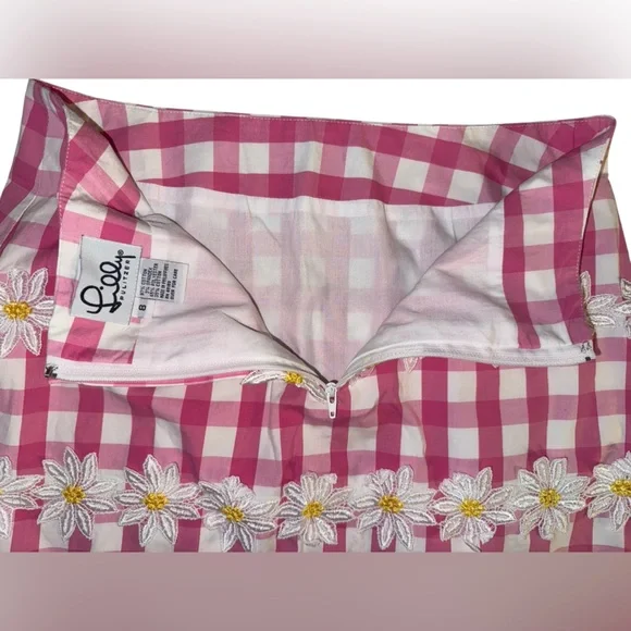 Vintage Lilly Pulitzer Pink Checkered Gingham Daisy Embroidered Skirt Size 8 - Picture 6 of 9